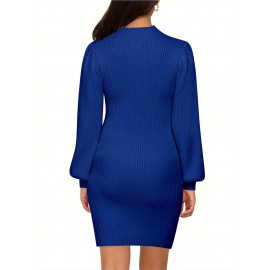 Plus Size - Pregnant Women Maternity Sweater Dress Turtleneck Puff Sleeve Slim Fit Bodycon Mini Dress