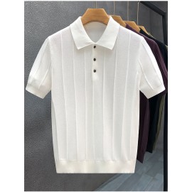 Luxury Knit Short Sleeve Polo Shirt for Men | Summer New Solid Color Lapel Collar Casual Tops, Button Details, Regular Fit