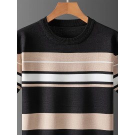 [Summer Striped T-Shirt] LVLAEA Men's Summer Striped Pullover T-Shirt | Short Sleeve, Crew Neck, Casual Rayon Blend, Rib-Knit, Slight Stretch, Fashionable Stripes, Everyday Wear, Regular Fit, Breathable, Skin-Friendly