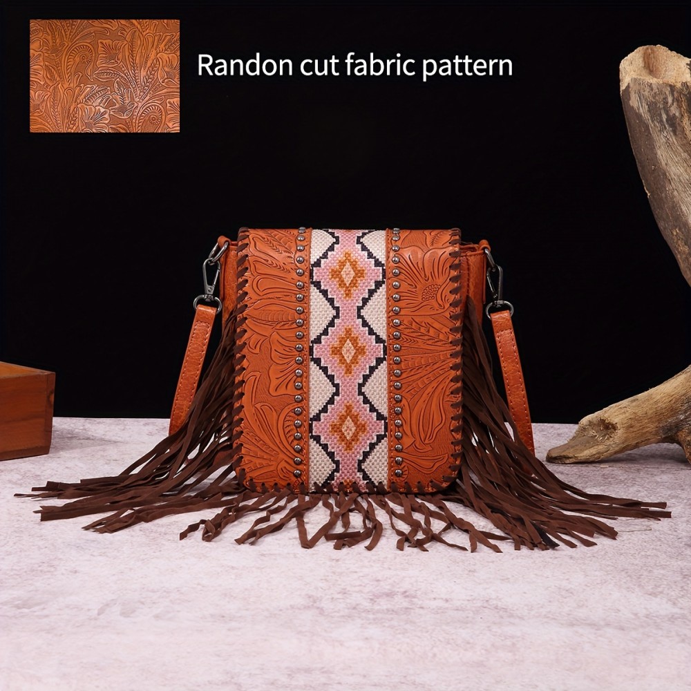 Perfect Casual Vintage Bohemian Style Rivet Crossbody Bag with Tassel Decor, Stitching, Phone Lipstick Coin Compartments for Daily Use, Best Gifts for Carnaval